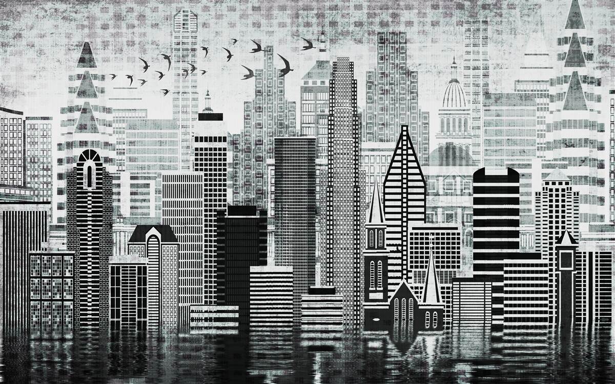 Fotobehang monotoon panoramisch uitzicht op de stad