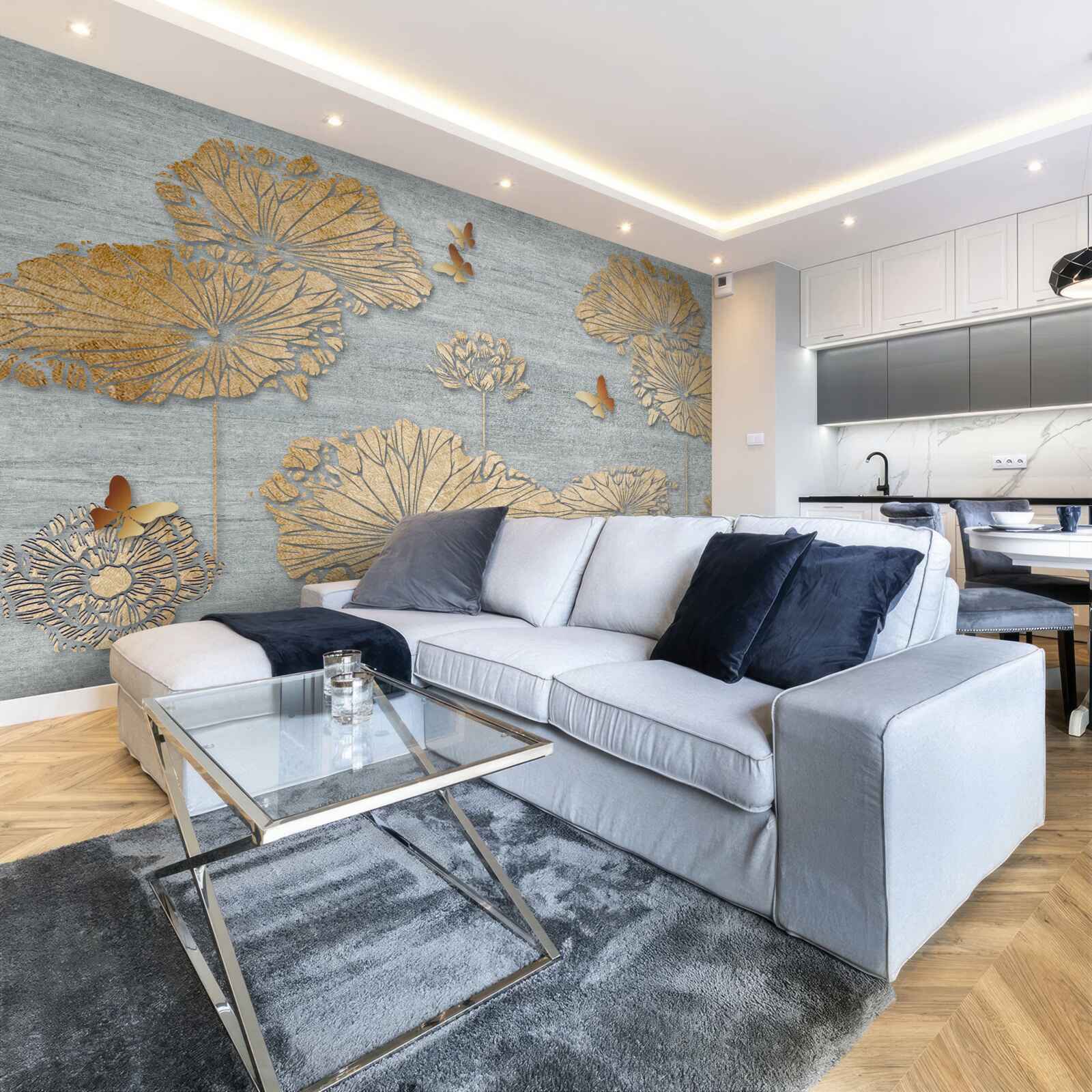 Fotobehang vlinders en gouden bladeren op het wateroppervlak