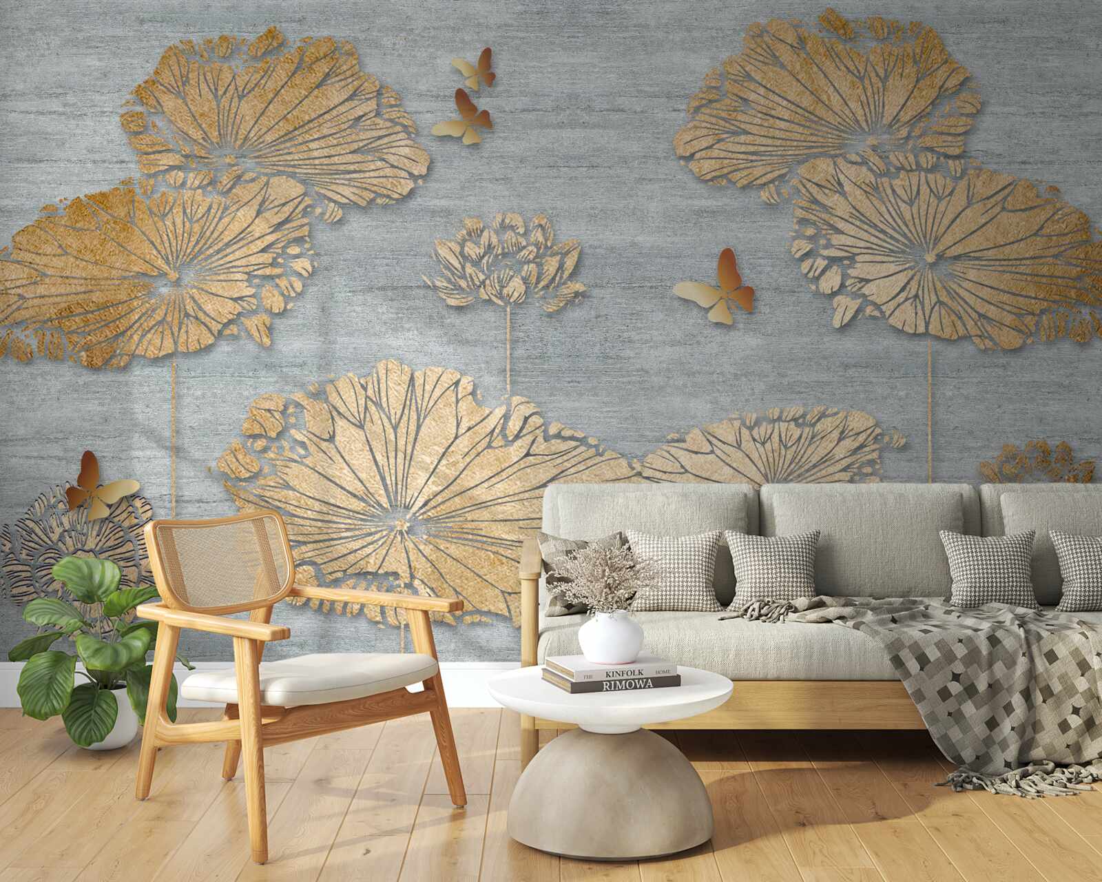 Fotobehang vlinders en gouden bladeren op het wateroppervlak