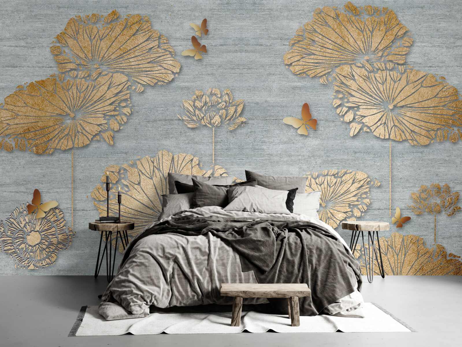 Fotobehang vlinders en gouden bladeren op het wateroppervlak