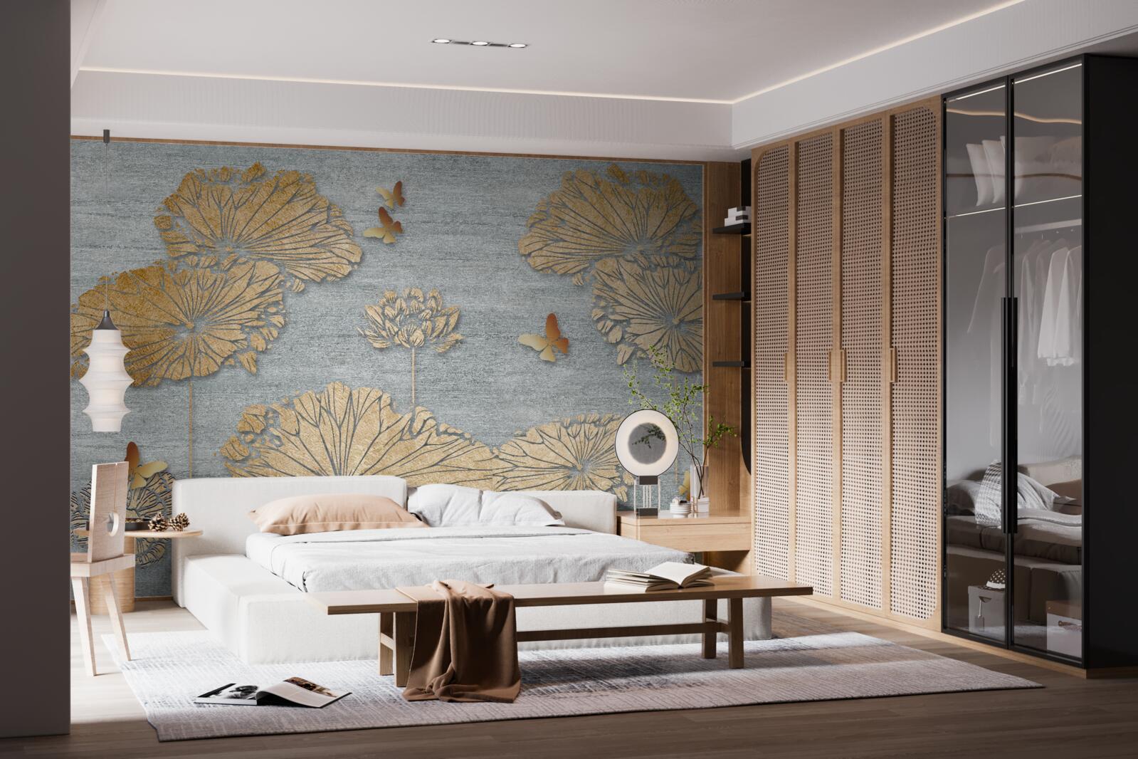 Fotobehang vlinders en gouden bladeren op het wateroppervlak