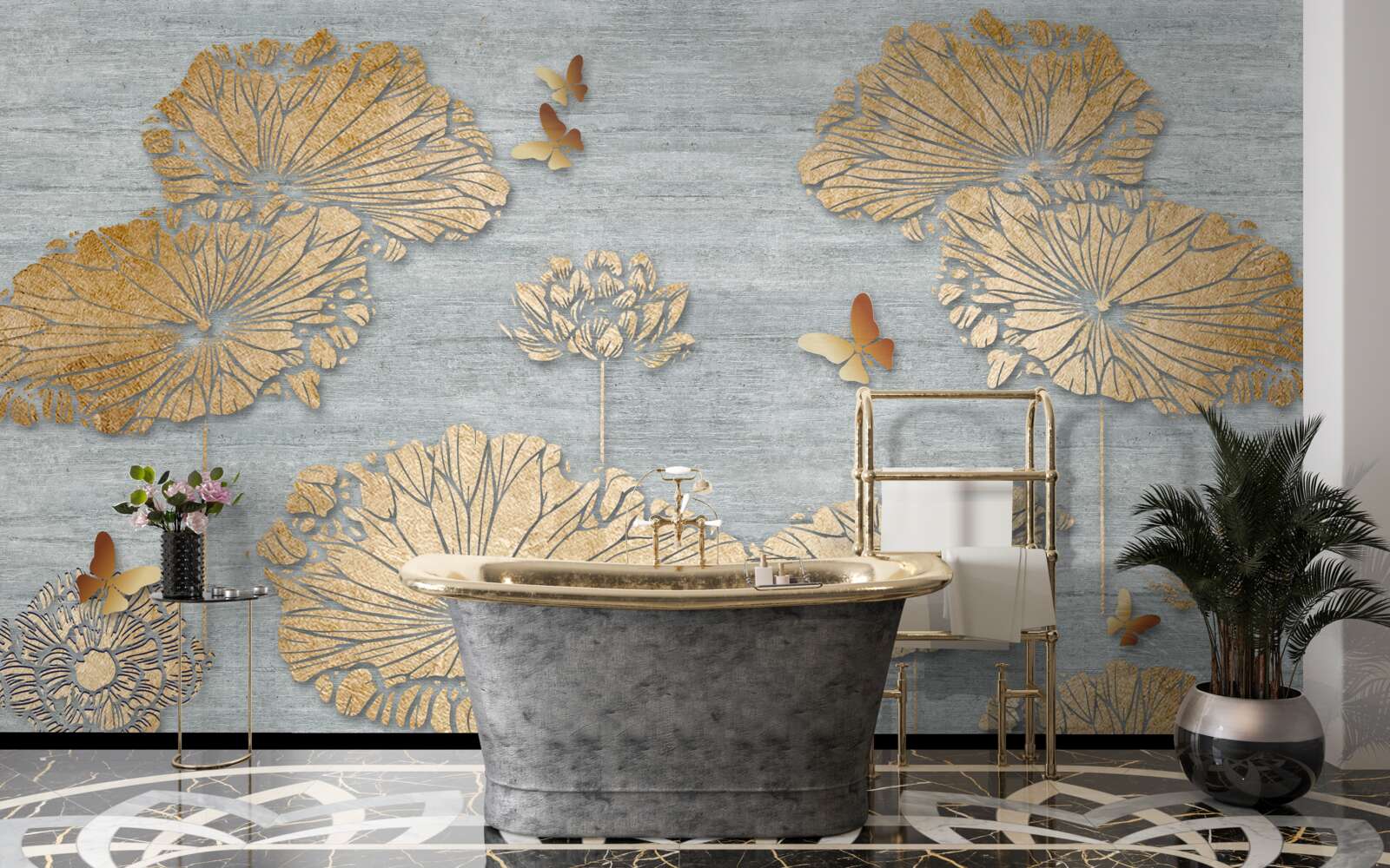 Fotobehang vlinders en gouden bladeren op het wateroppervlak