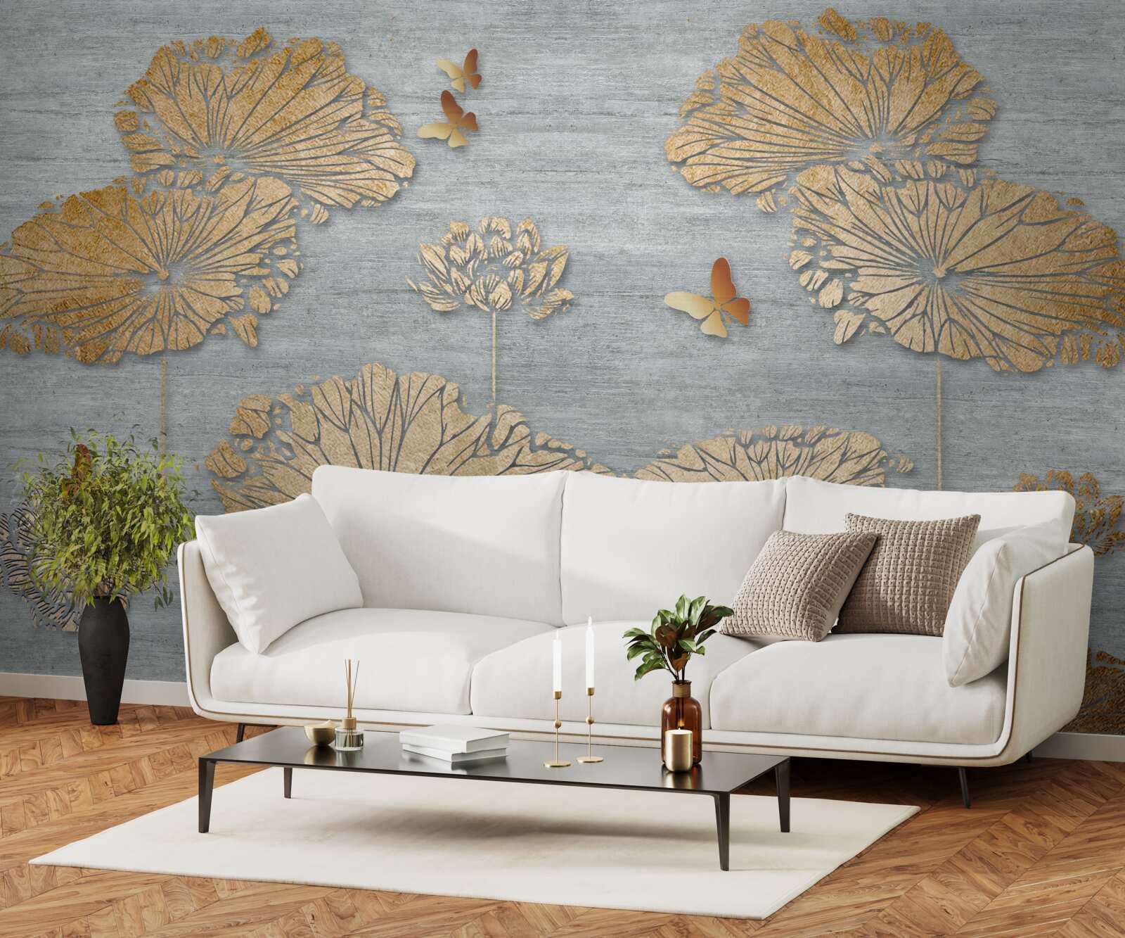 Fotobehang vlinders en gouden bladeren op het wateroppervlak