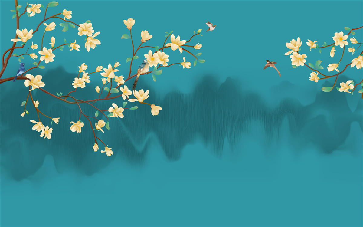 Fotobehang Gele magnolia in volle bloei boven mystiek mistig water