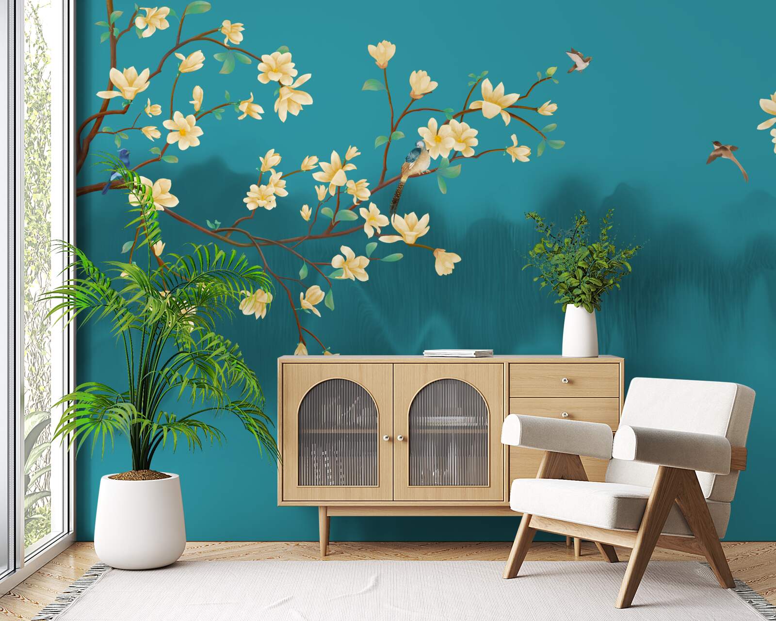 Fotobehang Gele magnolia in volle bloei boven mystiek mistig water