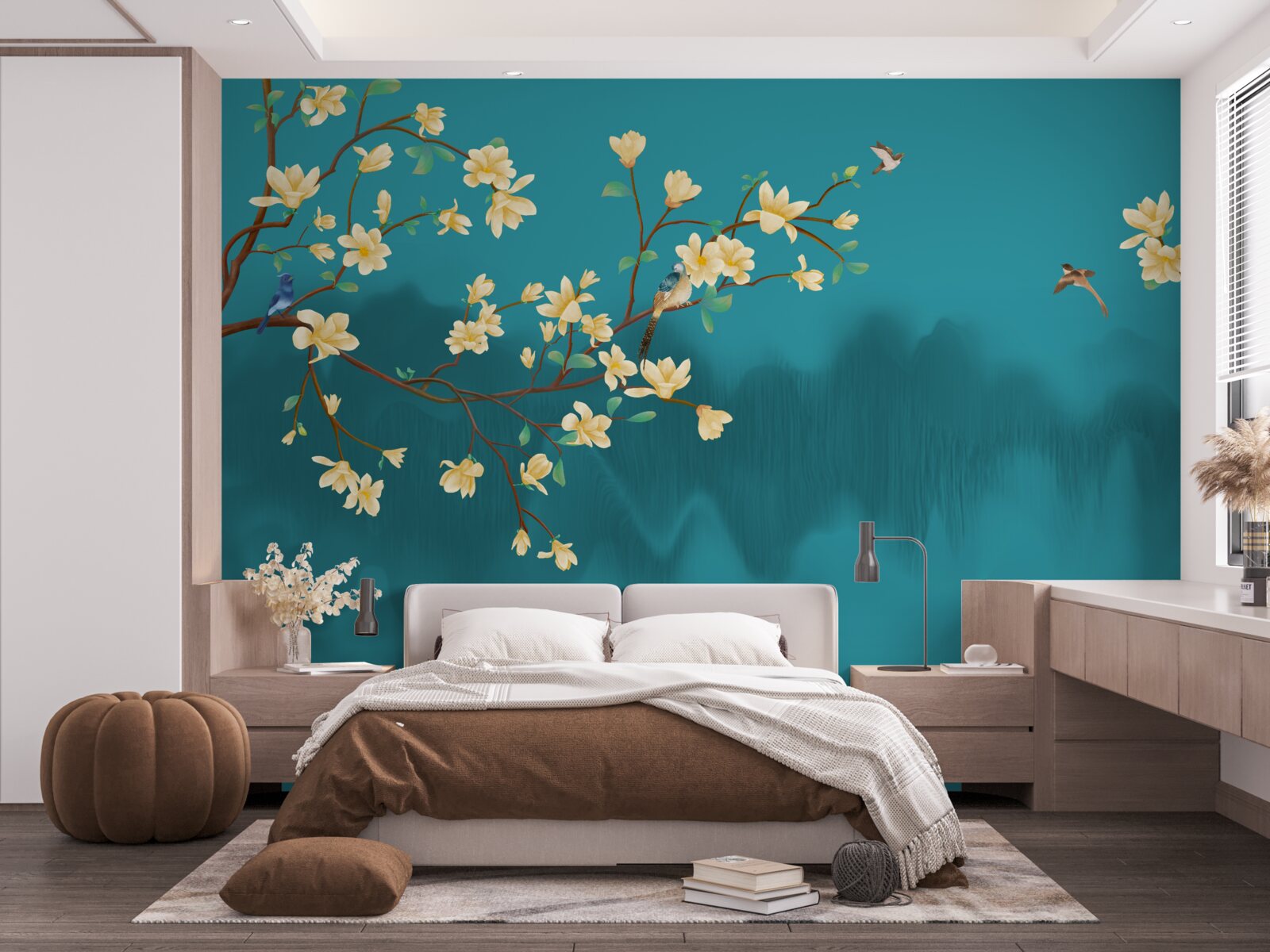 Fotobehang Gele magnolia in volle bloei boven mystiek mistig water