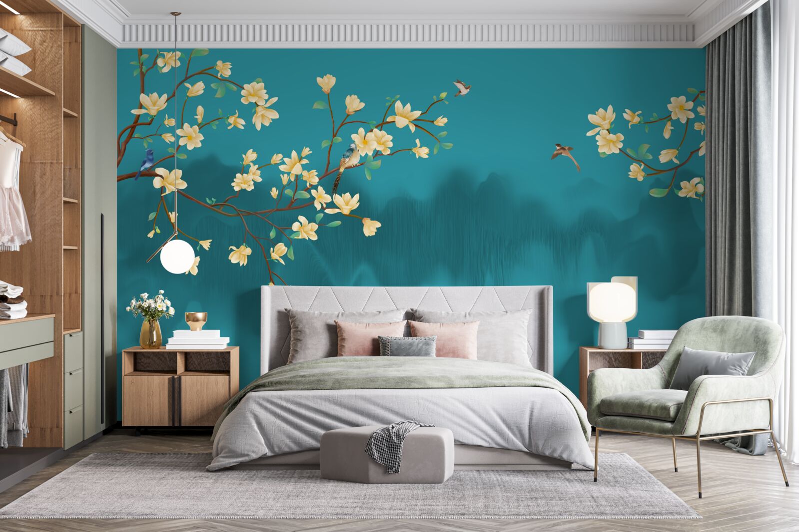 Fotobehang Gele magnolia in volle bloei boven mystiek mistig water