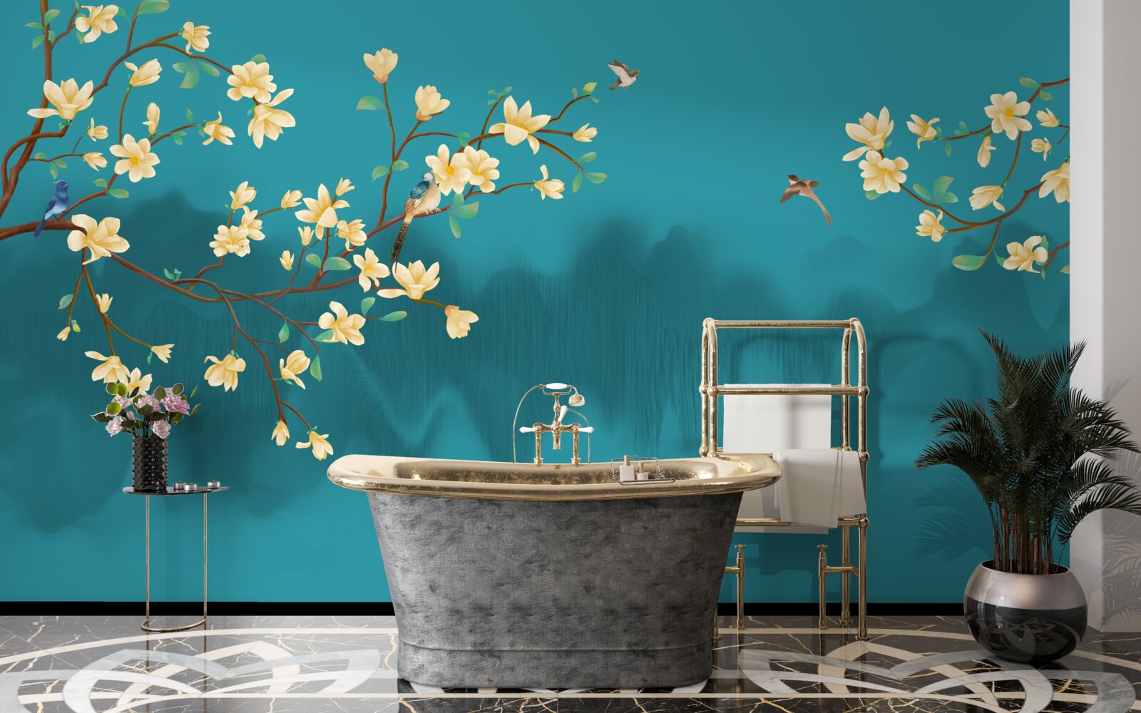 Fotobehang Gele magnolia in volle bloei boven mystiek mistig water