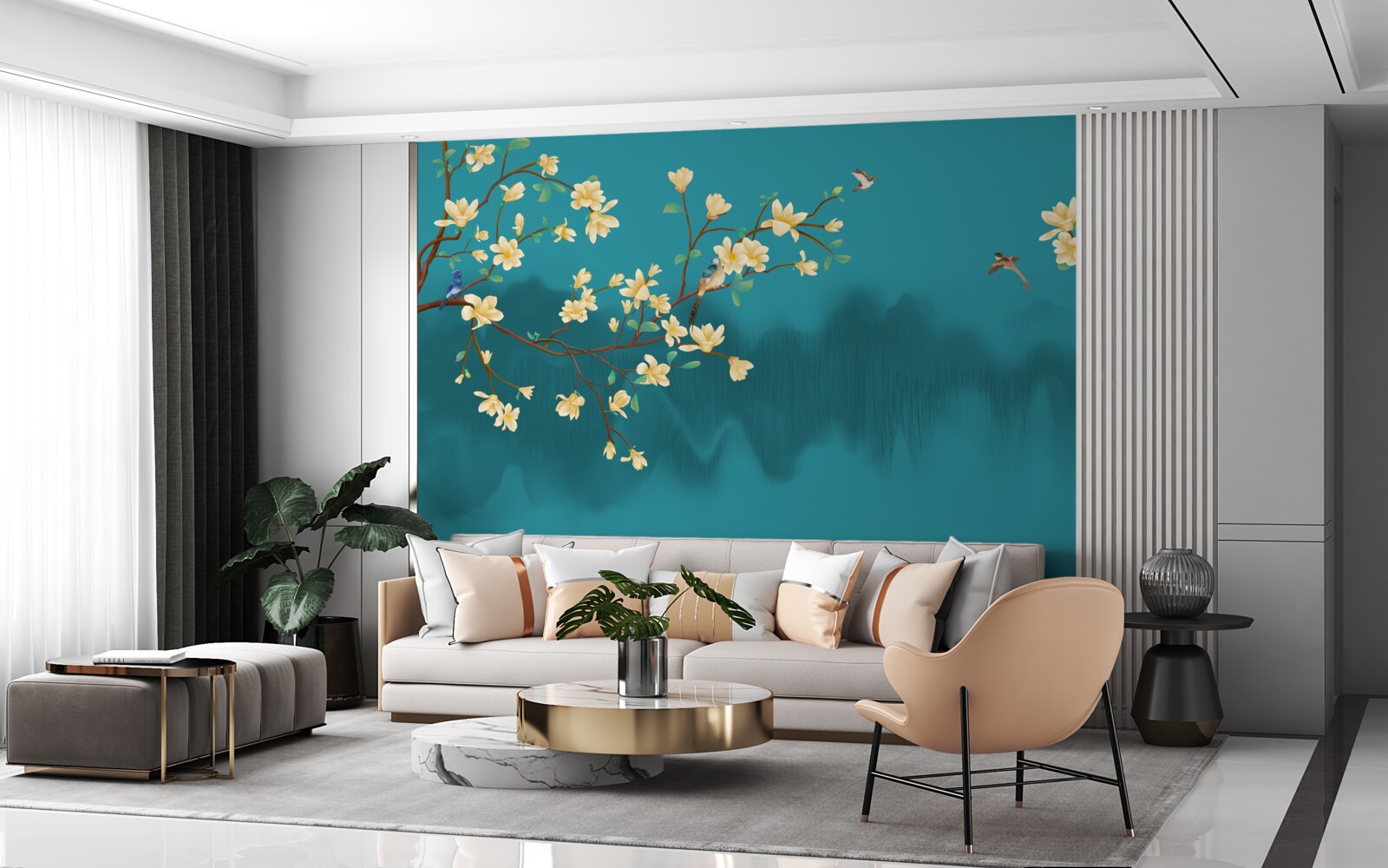 Fotobehang Gele magnolia in volle bloei boven mystiek mistig water