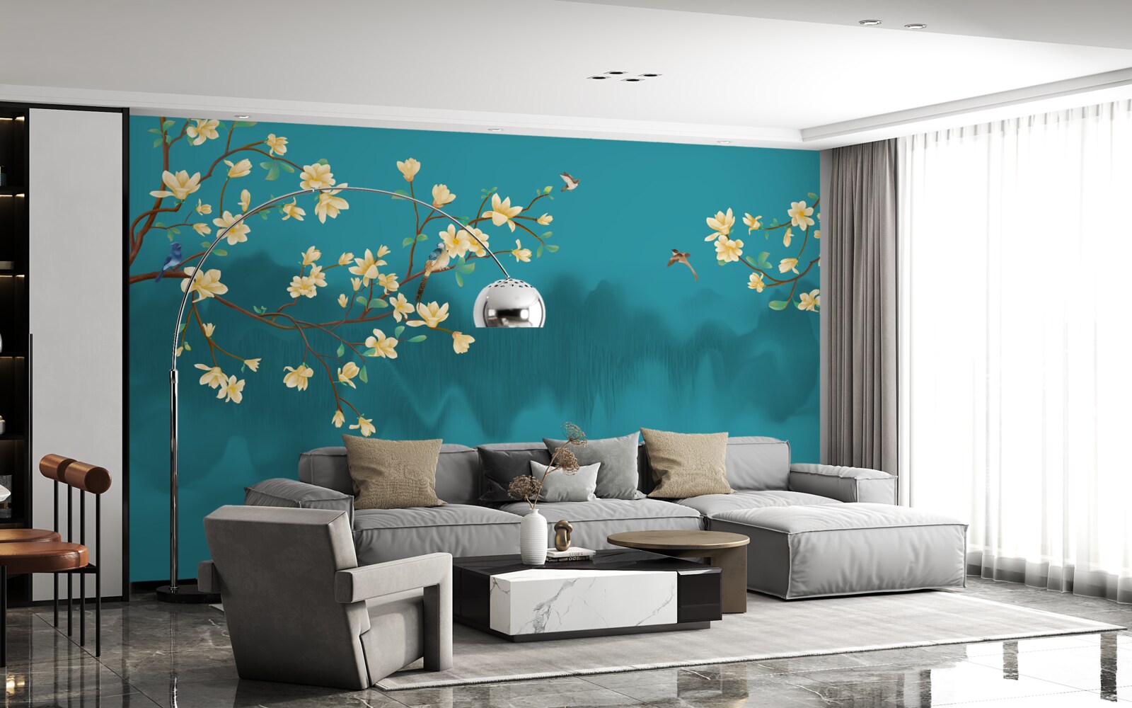 Fotobehang Gele magnolia in volle bloei boven mystiek mistig water