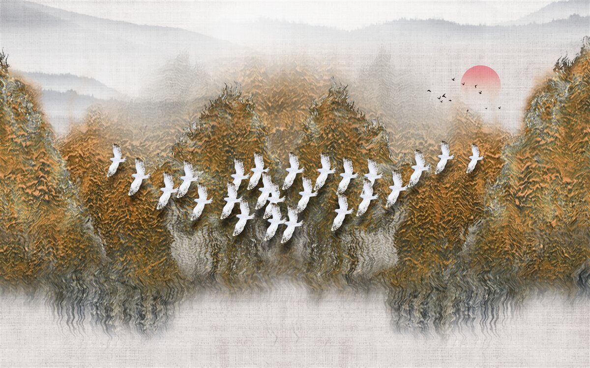 Fotobehang een groep vogels kruist de lucht, glijdt over bomen en water