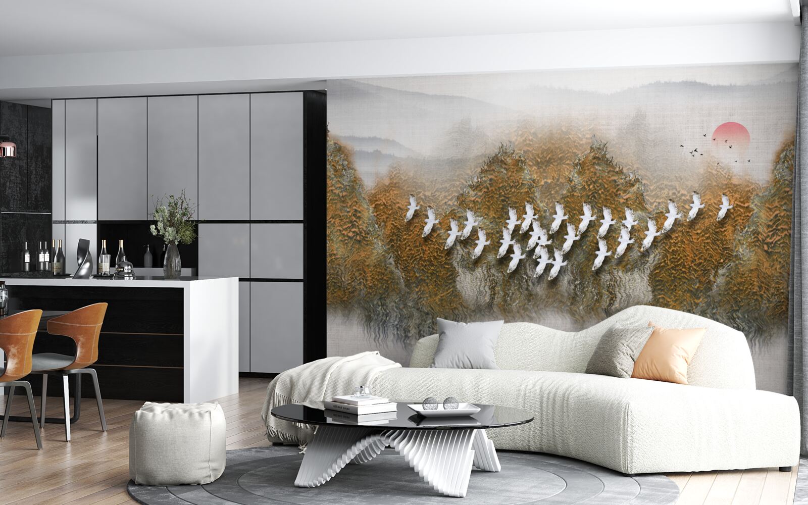 Fotobehang een groep vogels kruist de lucht, glijdt over bomen en water