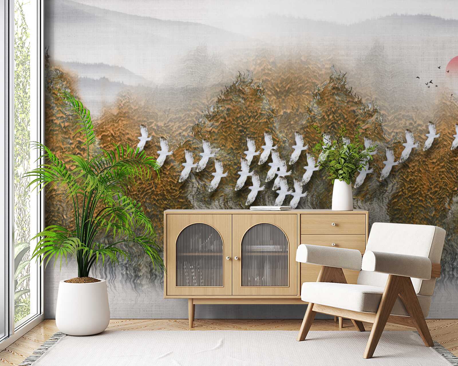 Fotobehang een groep vogels kruist de lucht, glijdt over bomen en water