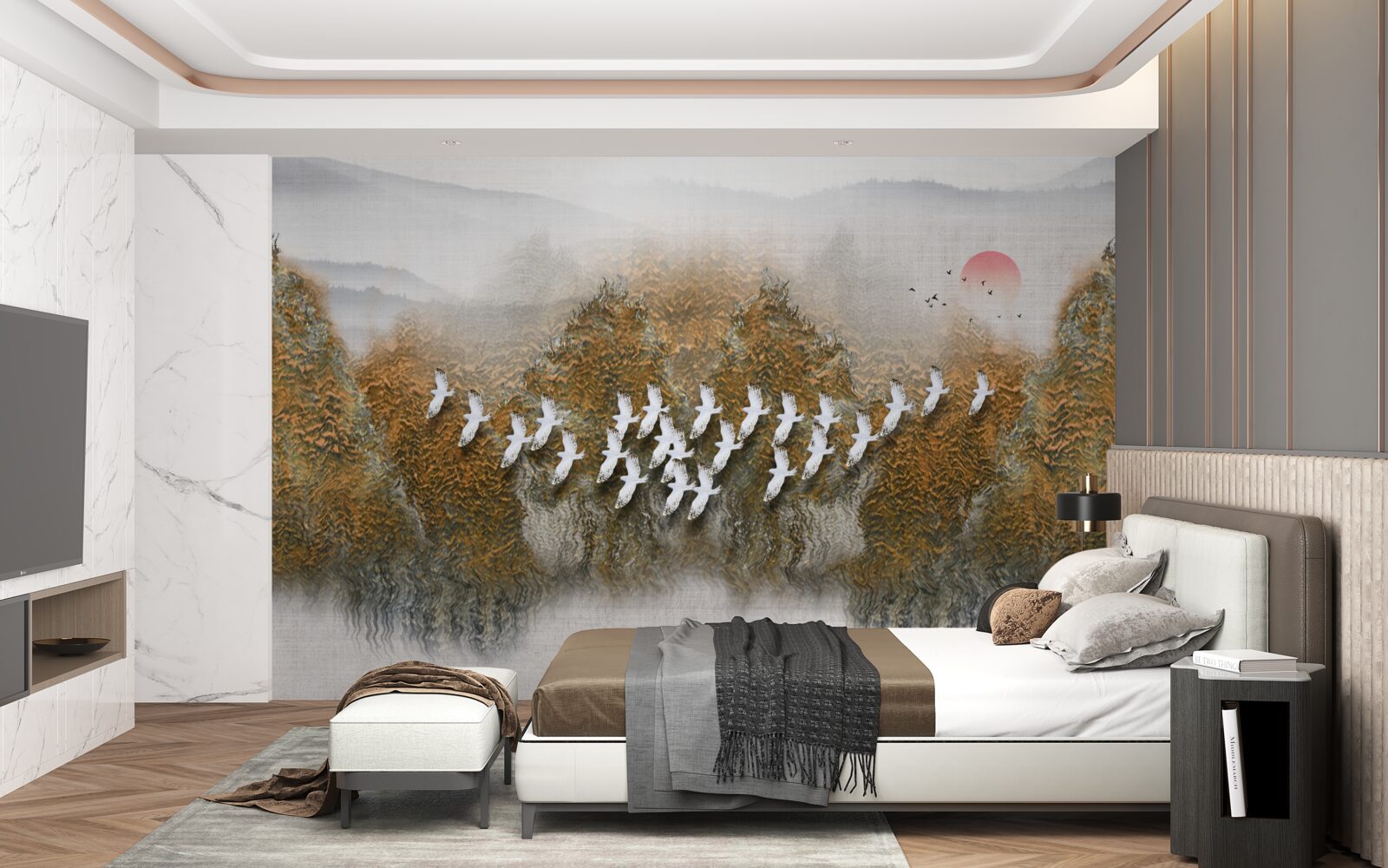 Fotobehang een groep vogels kruist de lucht, glijdt over bomen en water