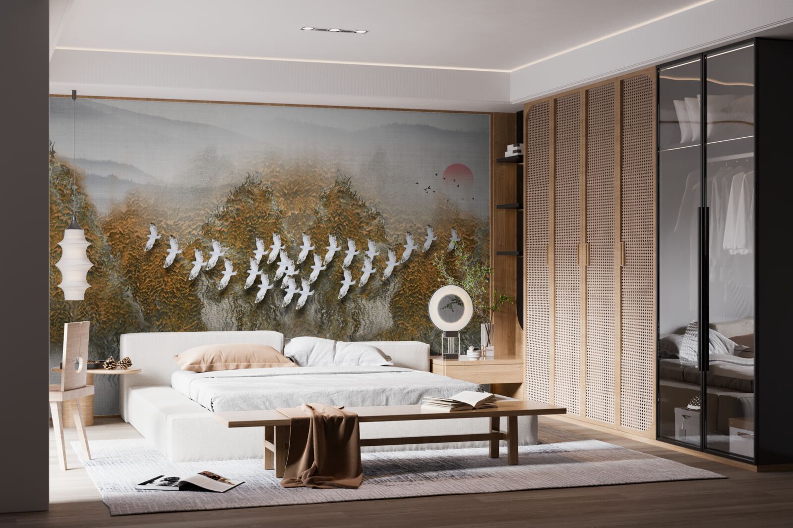 Fotobehang een groep vogels kruist de lucht, glijdt over bomen en water