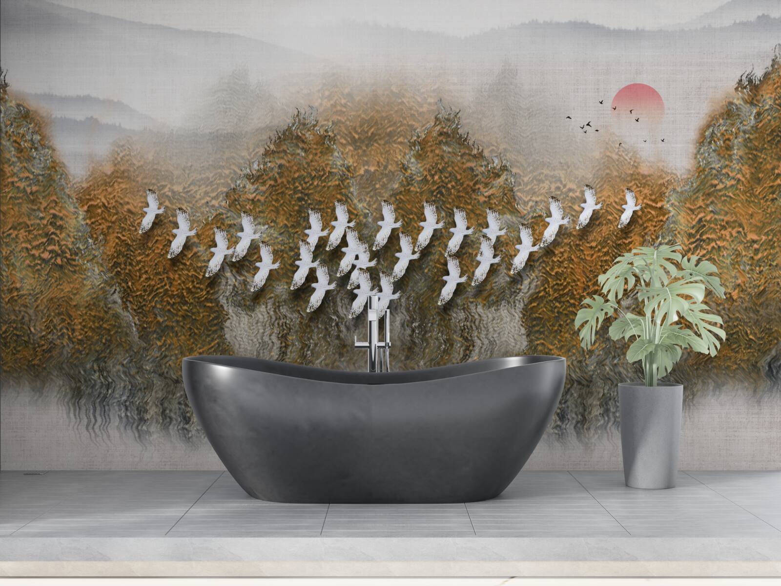 Fotobehang een groep vogels kruist de lucht, glijdt over bomen en water