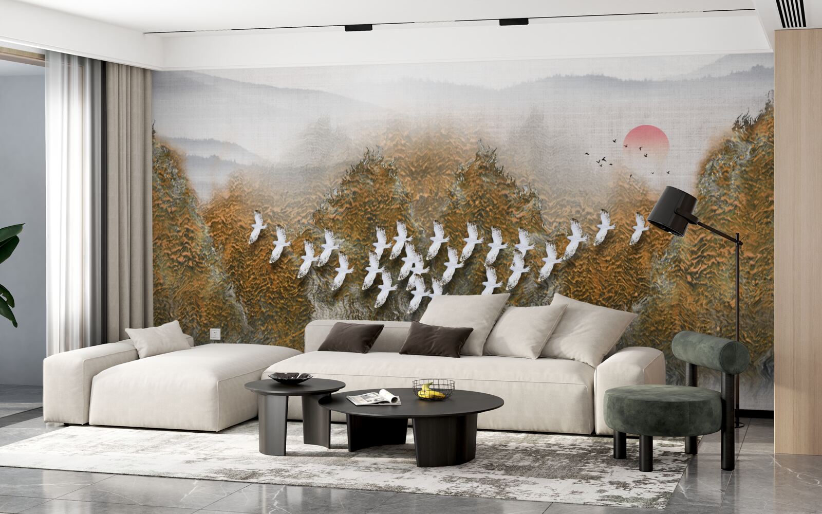 Fotobehang een groep vogels kruist de lucht, glijdt over bomen en water