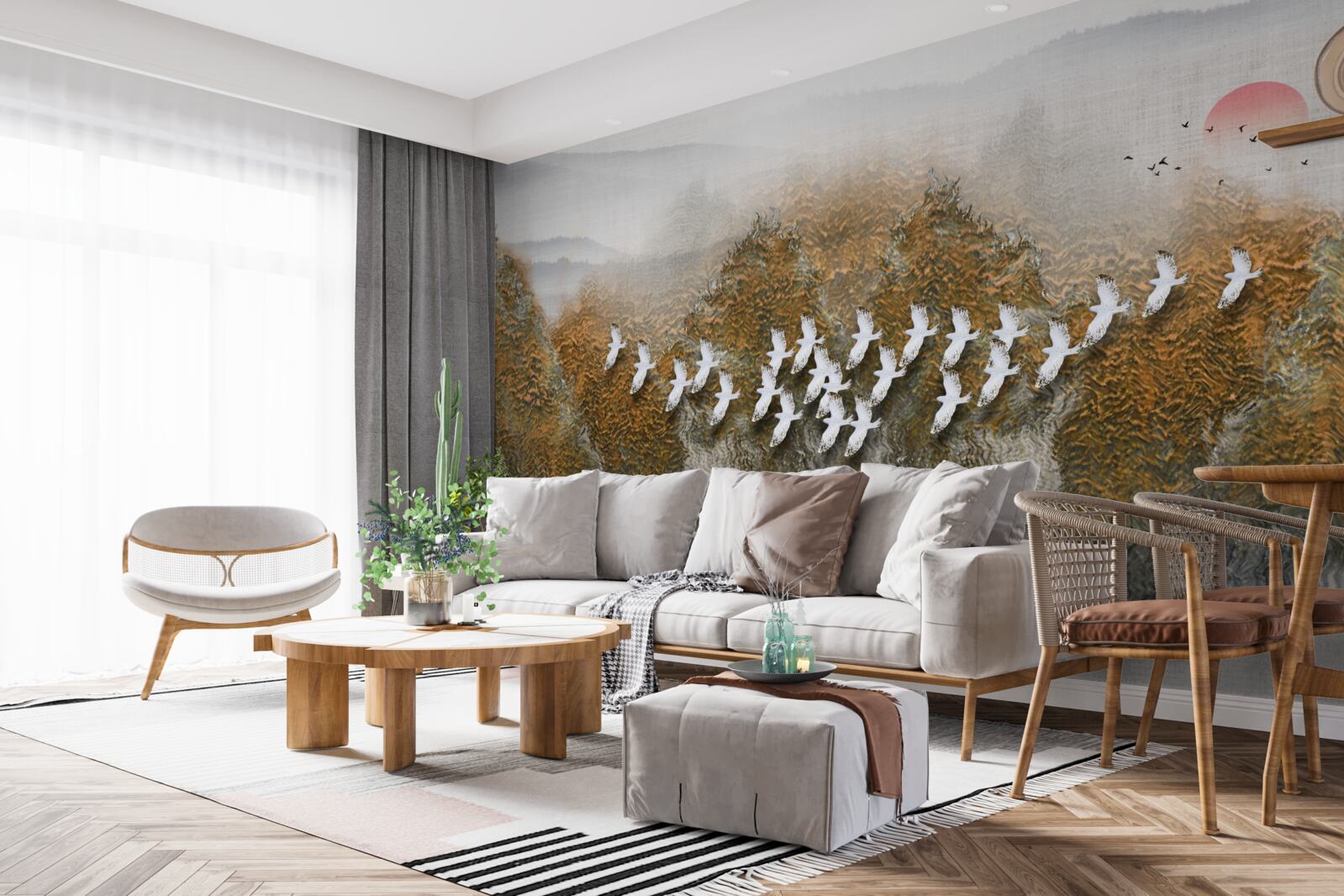 Fotobehang een groep vogels kruist de lucht, glijdt over bomen en water