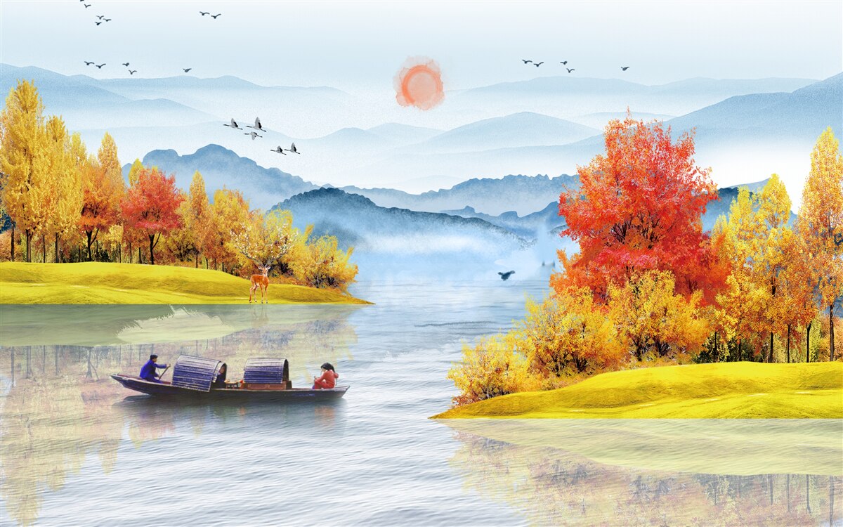 Fotobehang schip op een bergrivier