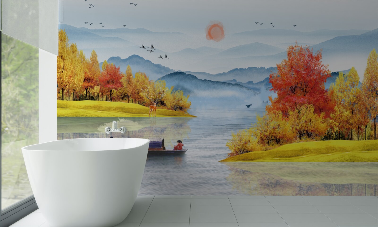 Fotobehang schip op een bergrivier