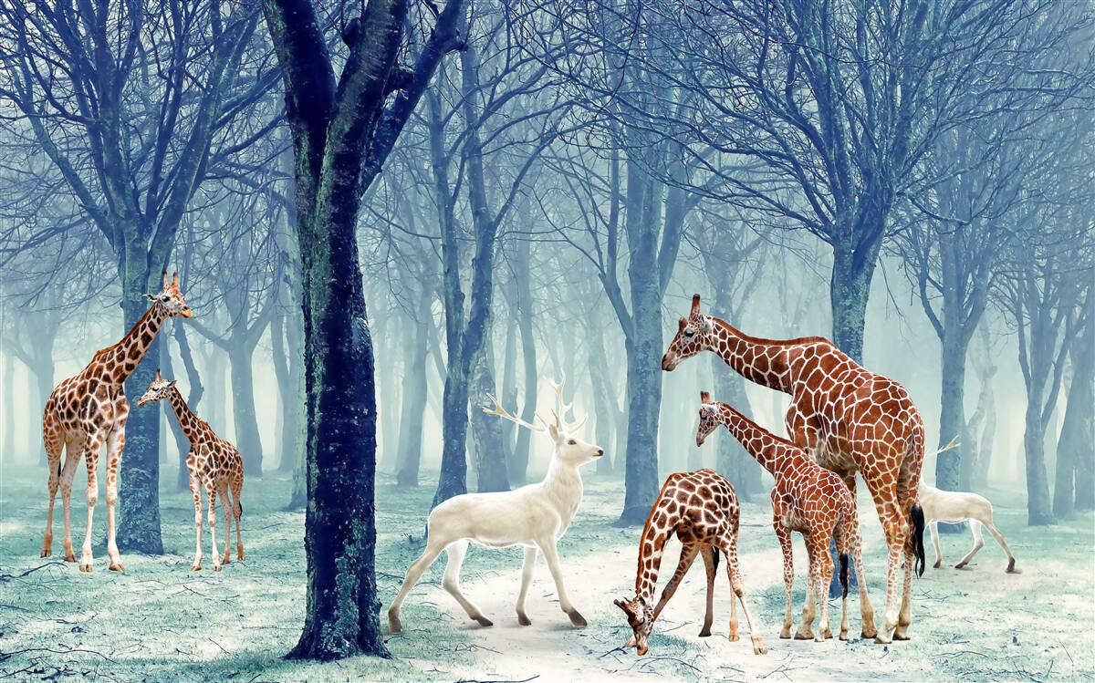 Fotobehang Giraffen maken een nieuwe vriend