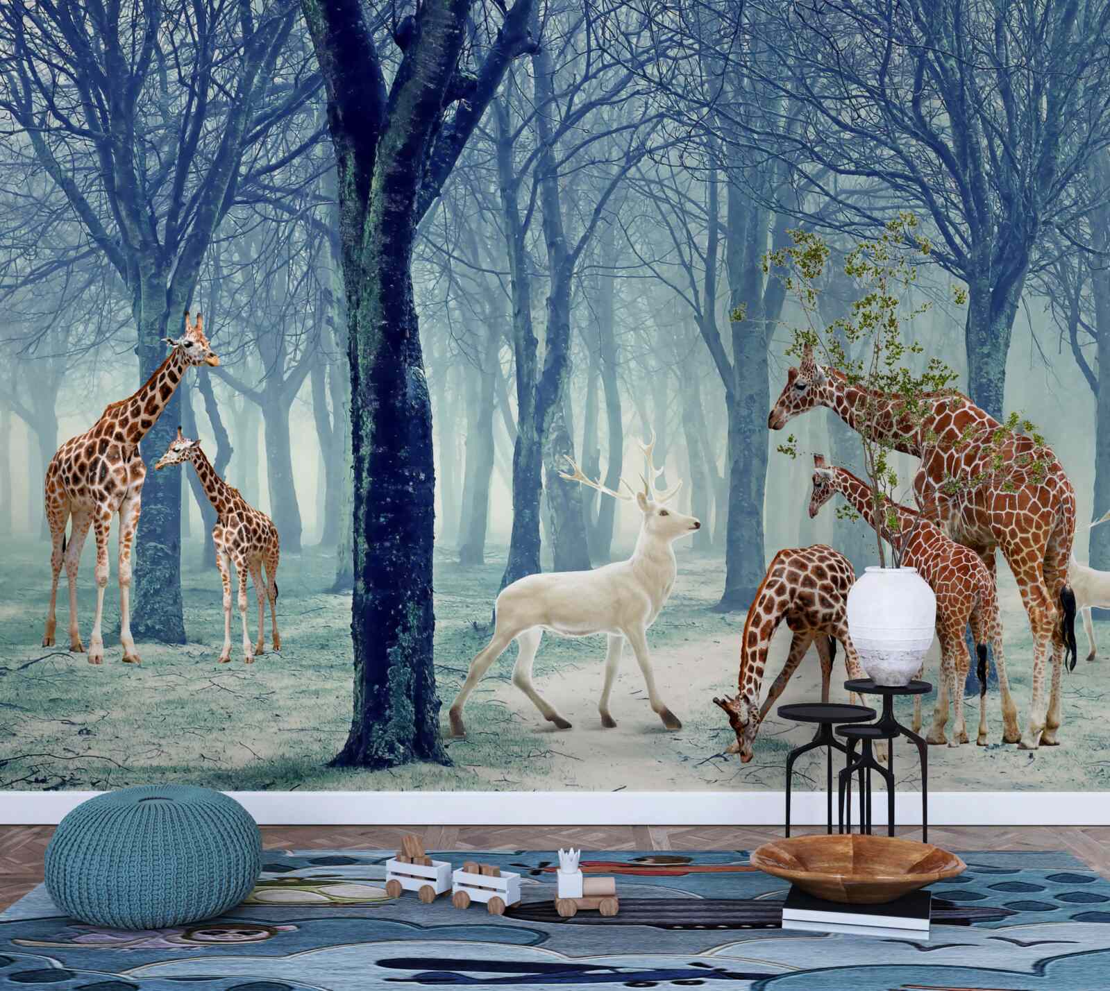 Fotobehang Giraffen maken een nieuwe vriend