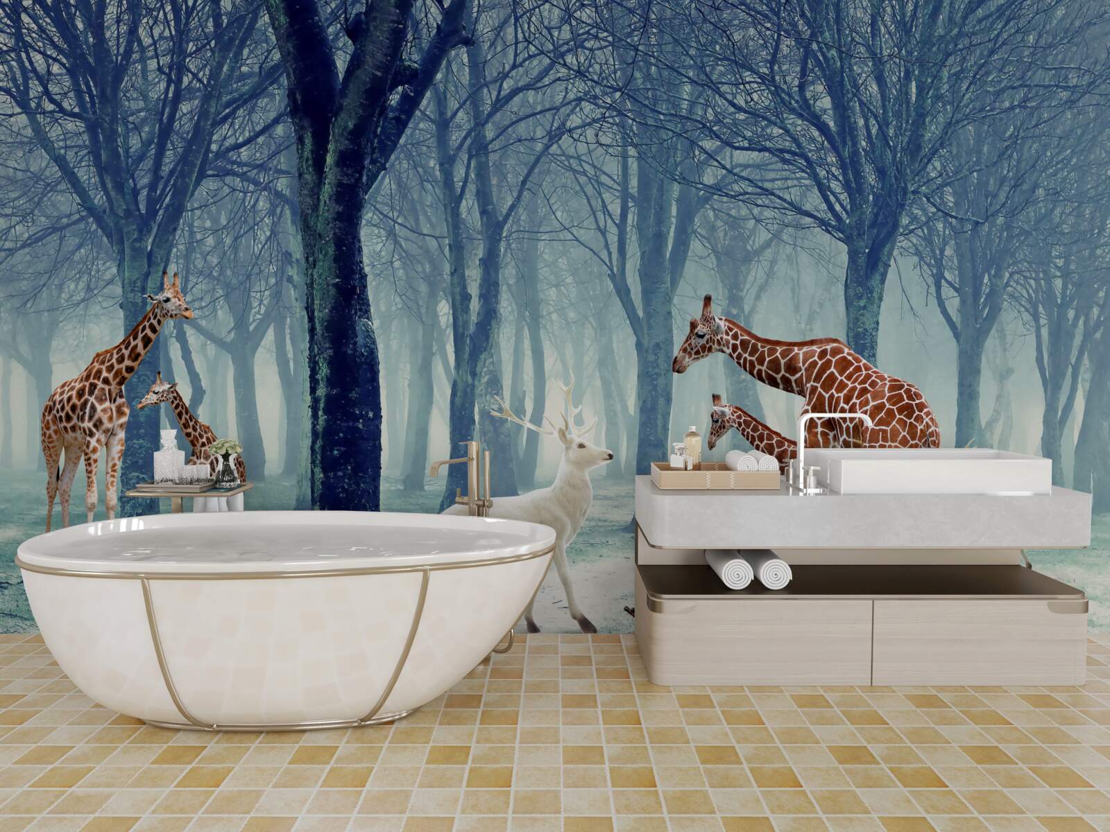 Fotobehang Giraffen maken een nieuwe vriend