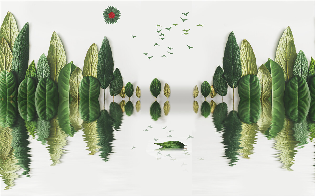 Fotobehang weerspiegeling van een bos bedekt met bladeren in een waterspiegel