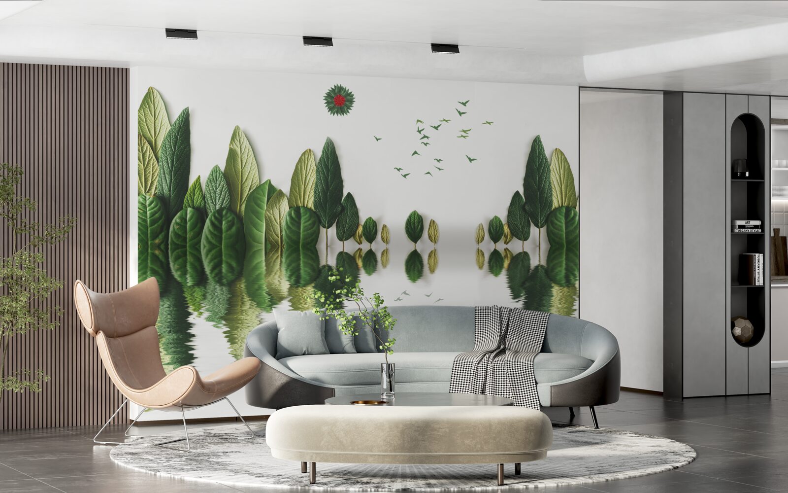 Fotobehang weerspiegeling van een bos bedekt met bladeren in een waterspiegel