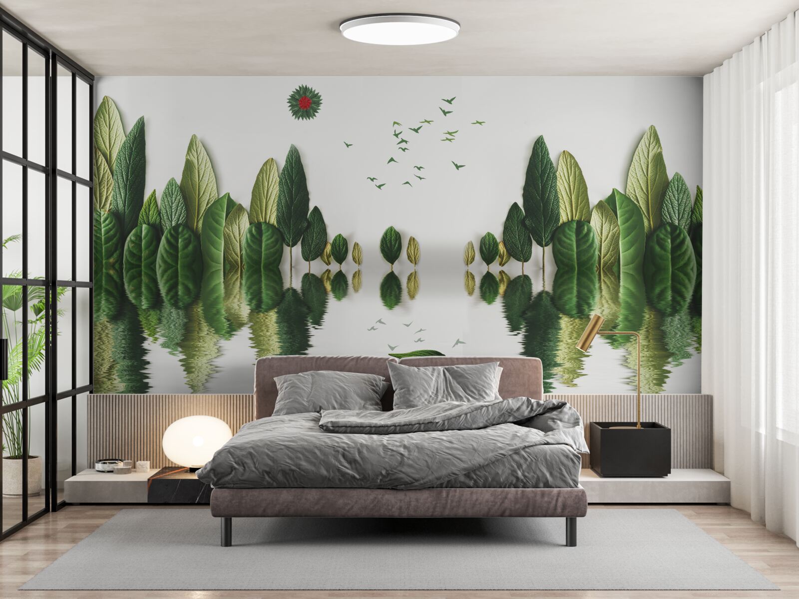 Fotobehang weerspiegeling van een bos bedekt met bladeren in een waterspiegel