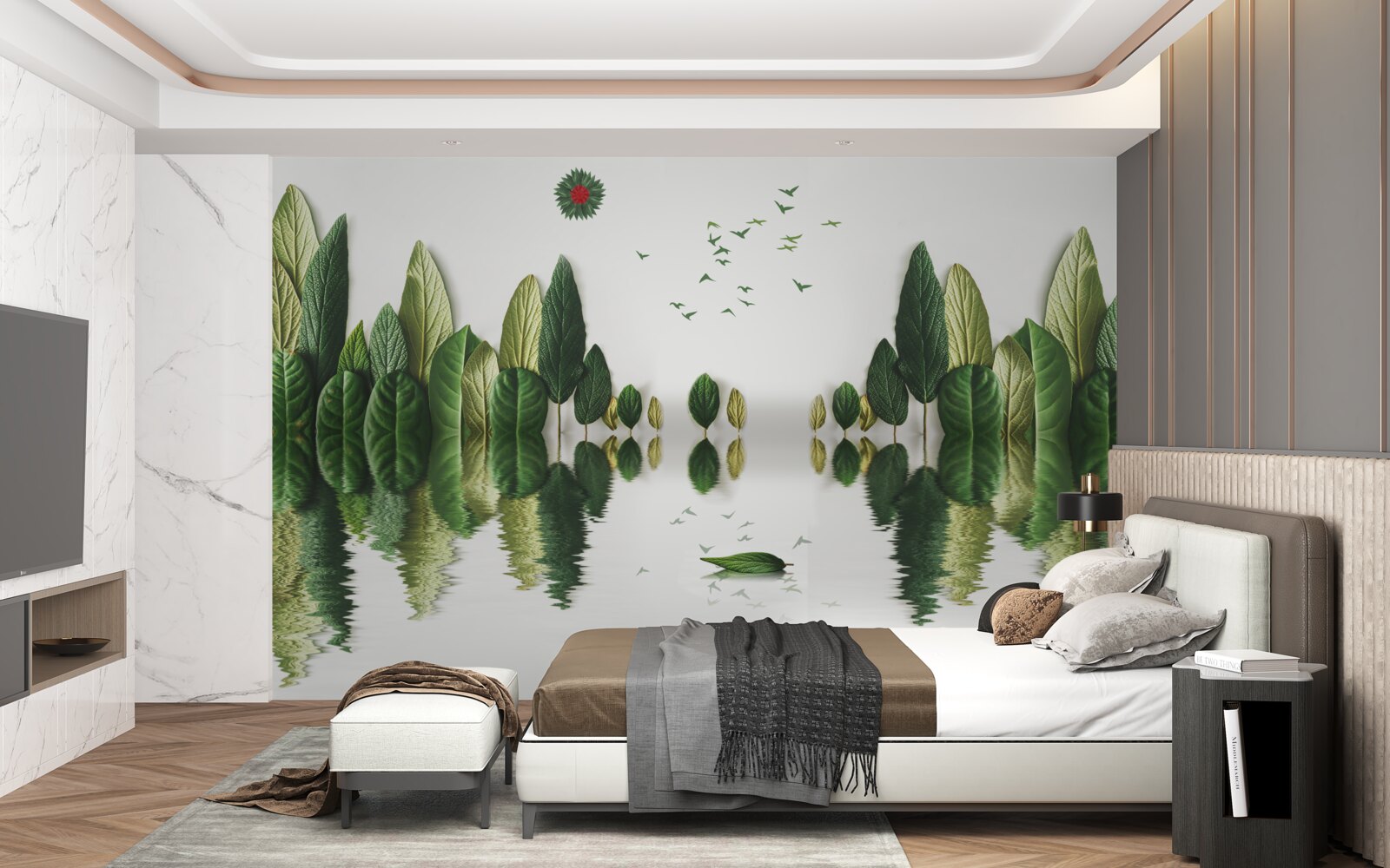 Fotobehang weerspiegeling van een bos bedekt met bladeren in een waterspiegel