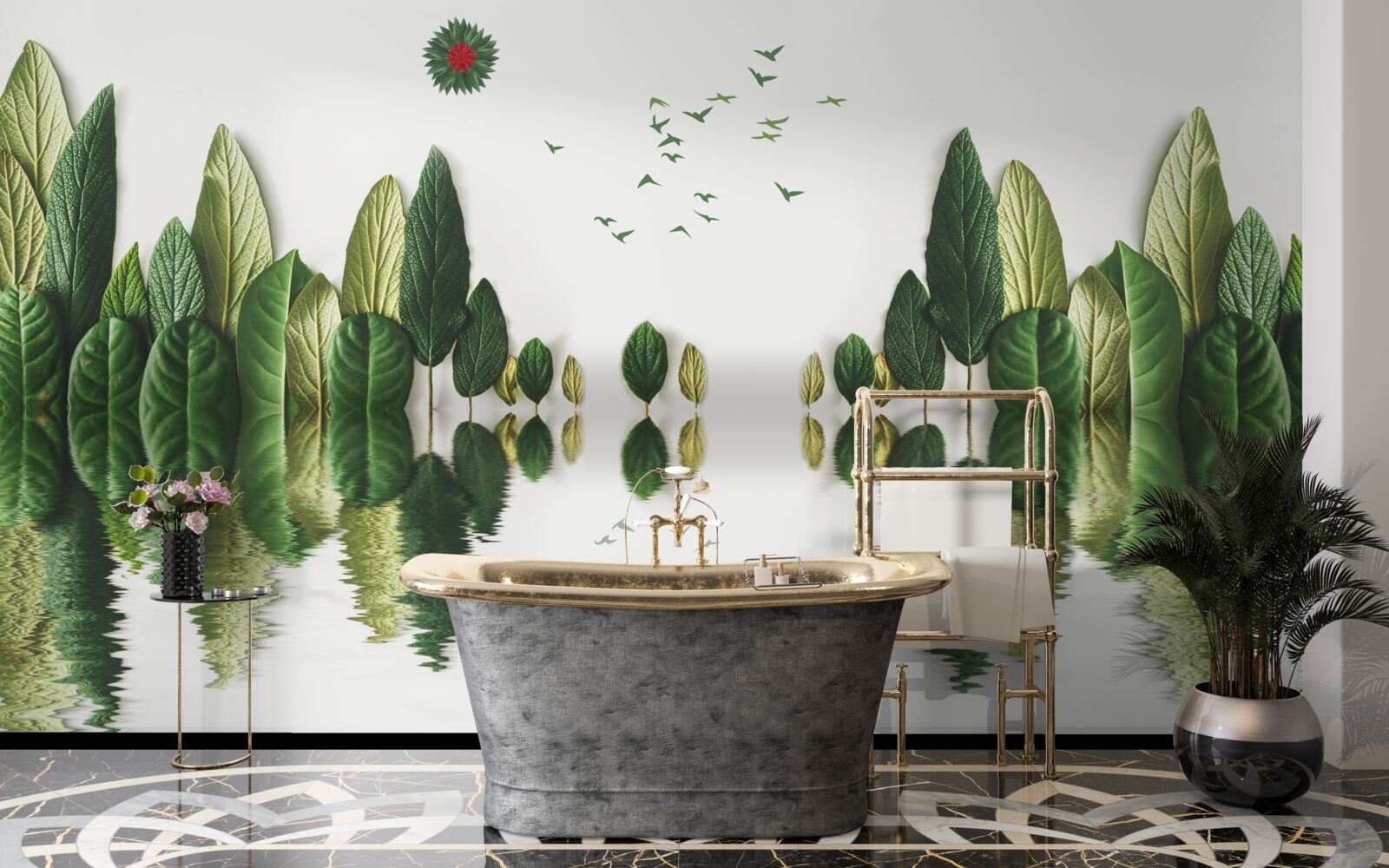 Fotobehang weerspiegeling van een bos bedekt met bladeren in een waterspiegel