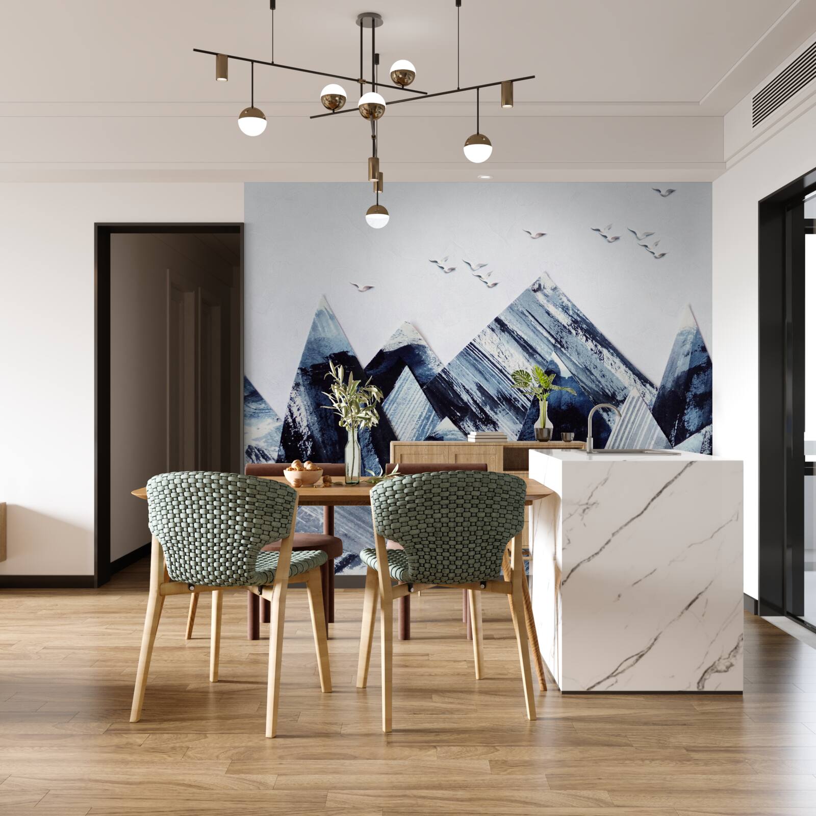 Fotobehang bergtop onder de vleugels van vogels