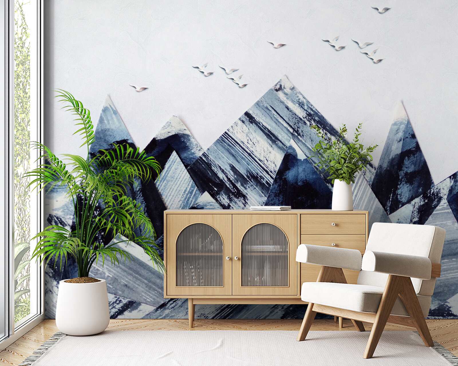 Fotobehang bergtop onder de vleugels van vogels