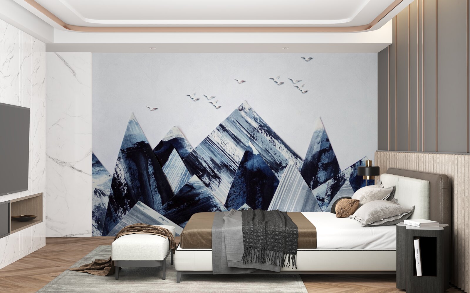 Fotobehang bergtop onder de vleugels van vogels