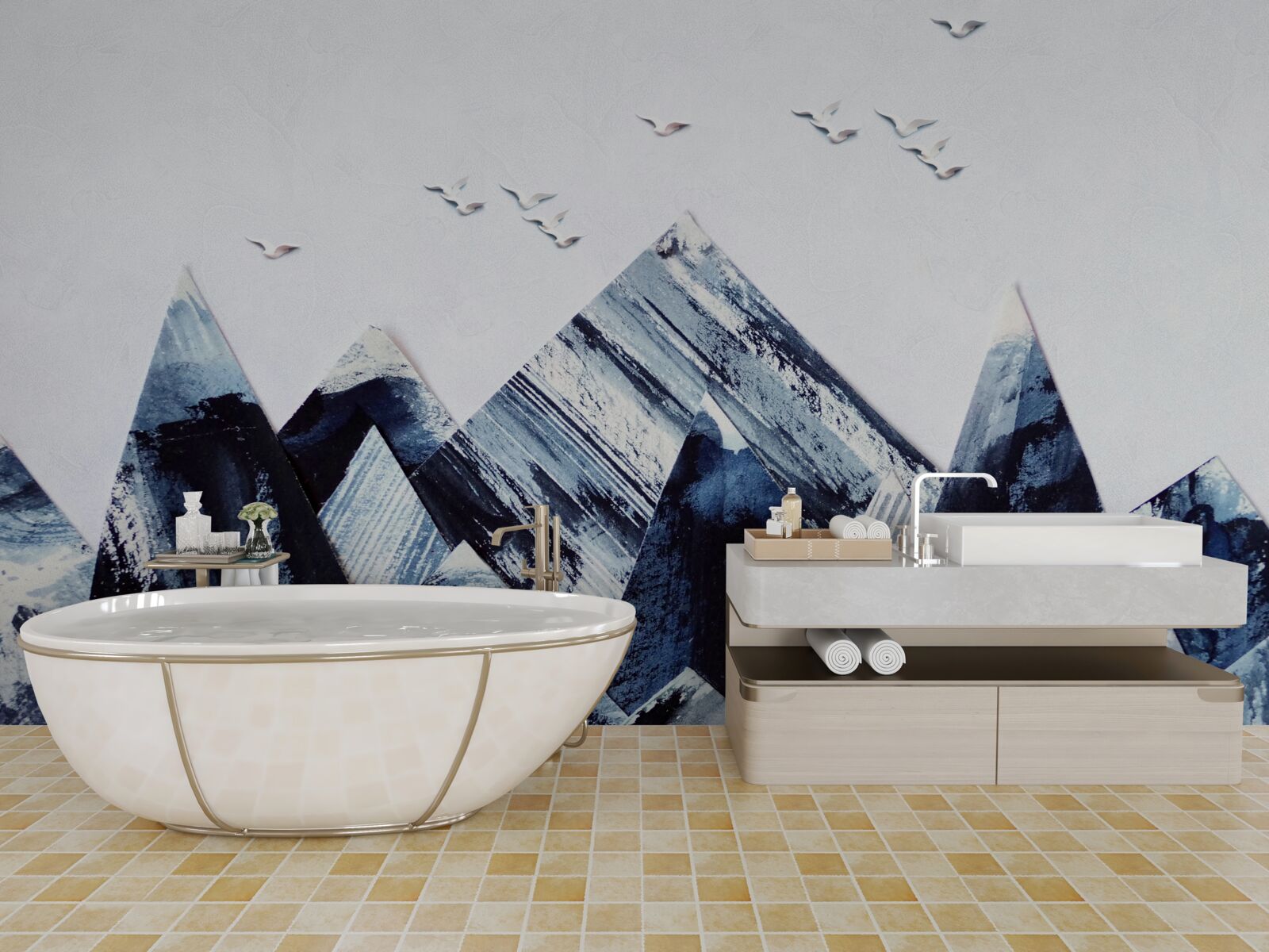 Fotobehang bergtop onder de vleugels van vogels