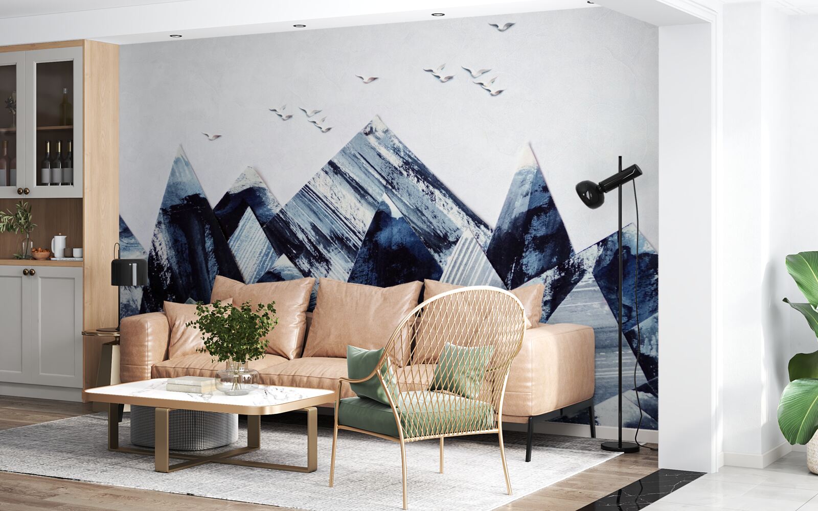 Fotobehang bergtop onder de vleugels van vogels