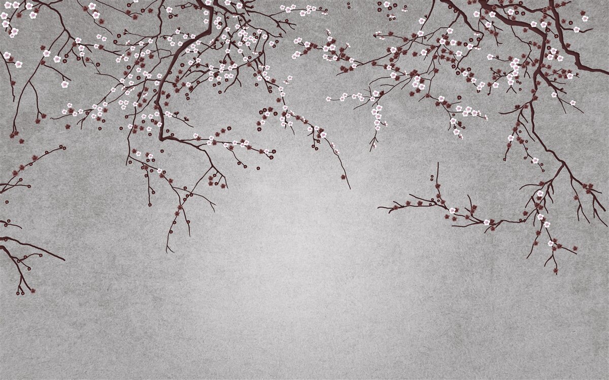 Fotobehang de takken van de boom zijn bezaaid met kleine bloemen