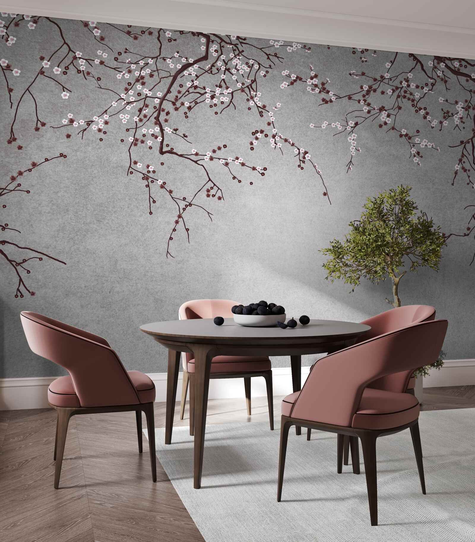 Fotobehang de takken van de boom zijn bezaaid met kleine bloemen