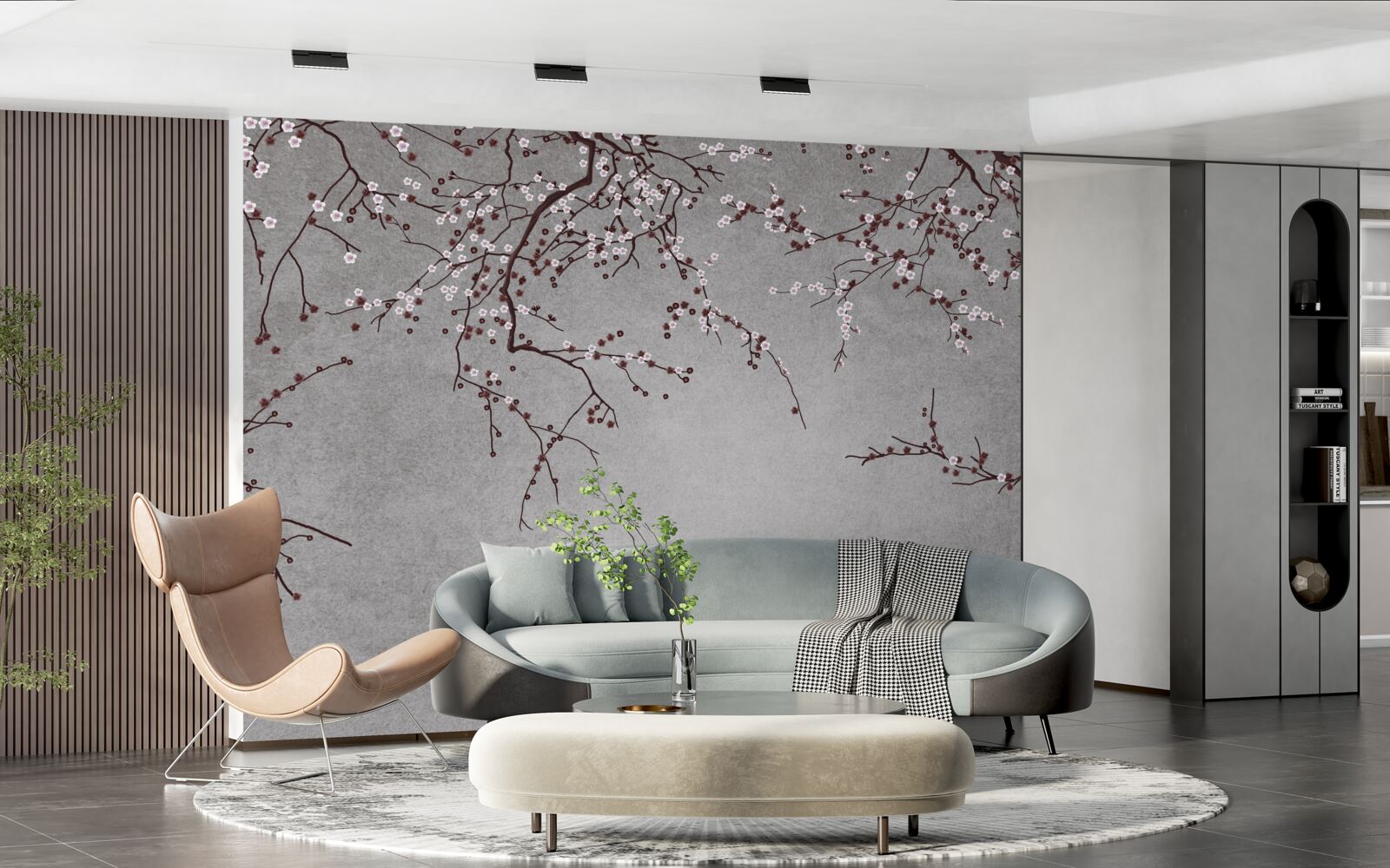 Fotobehang de takken van de boom zijn bezaaid met kleine bloemen