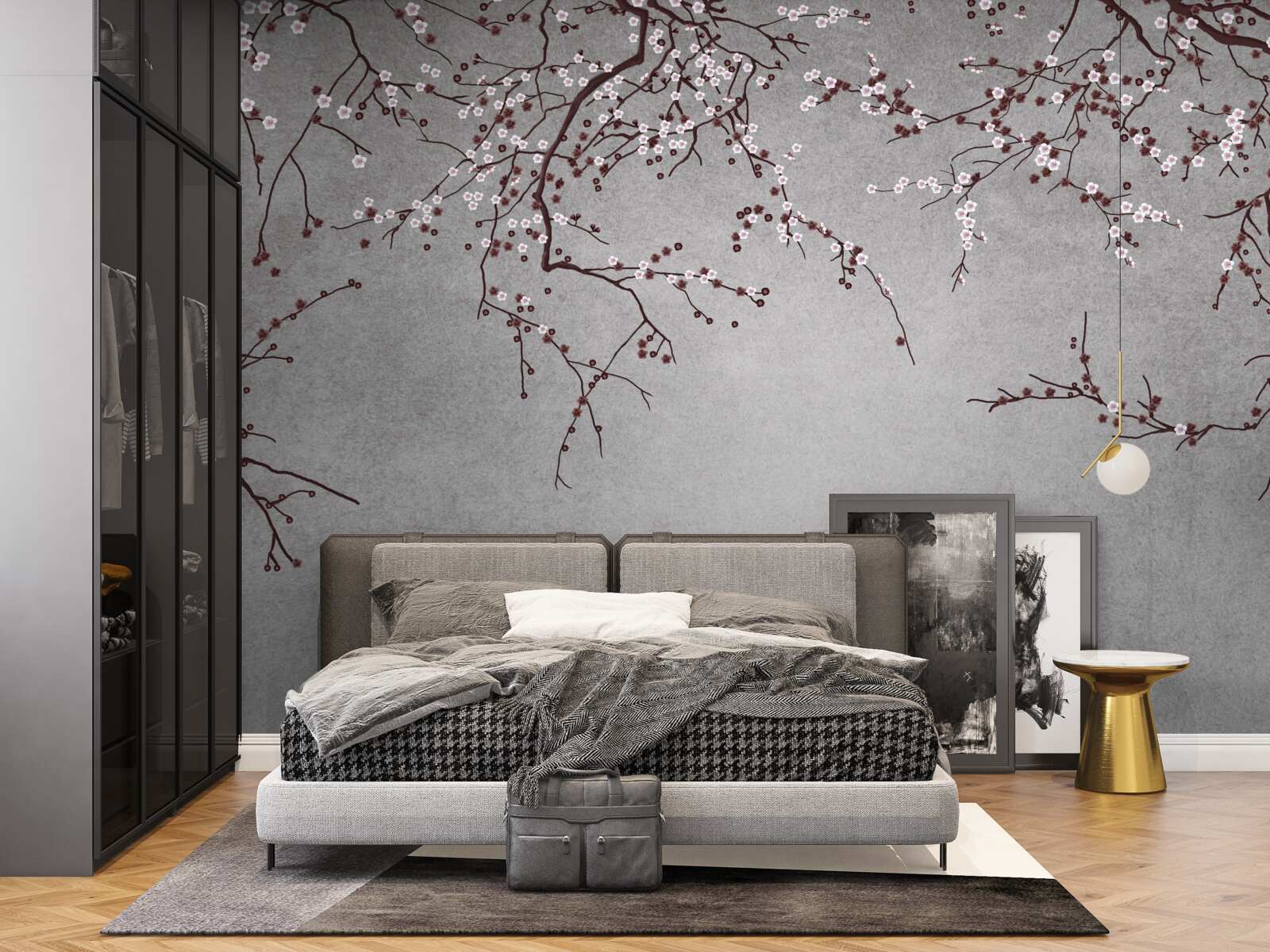 Fotobehang de takken van de boom zijn bezaaid met kleine bloemen