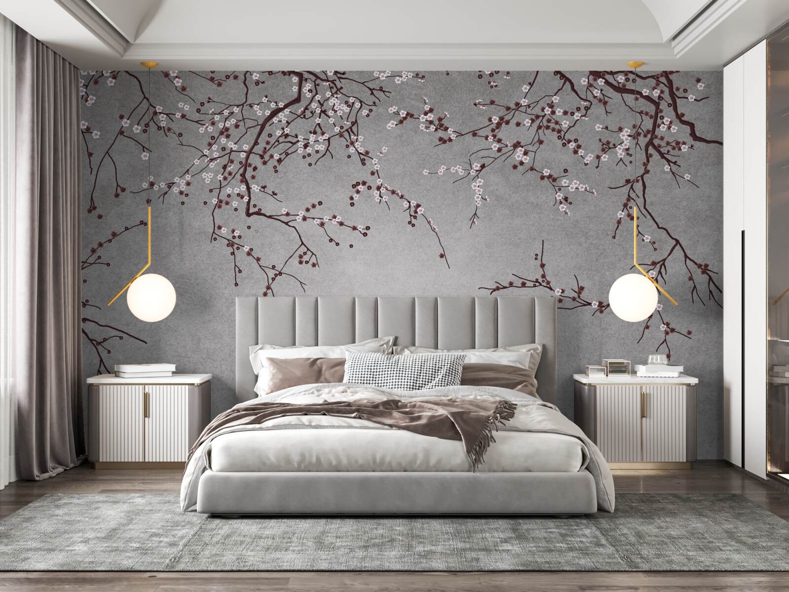 Fotobehang de takken van de boom zijn bezaaid met kleine bloemen