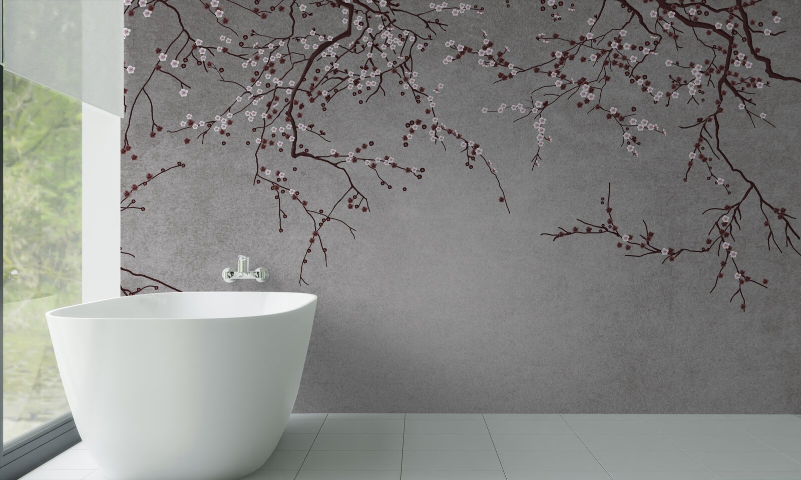 Fotobehang de takken van de boom zijn bezaaid met kleine bloemen