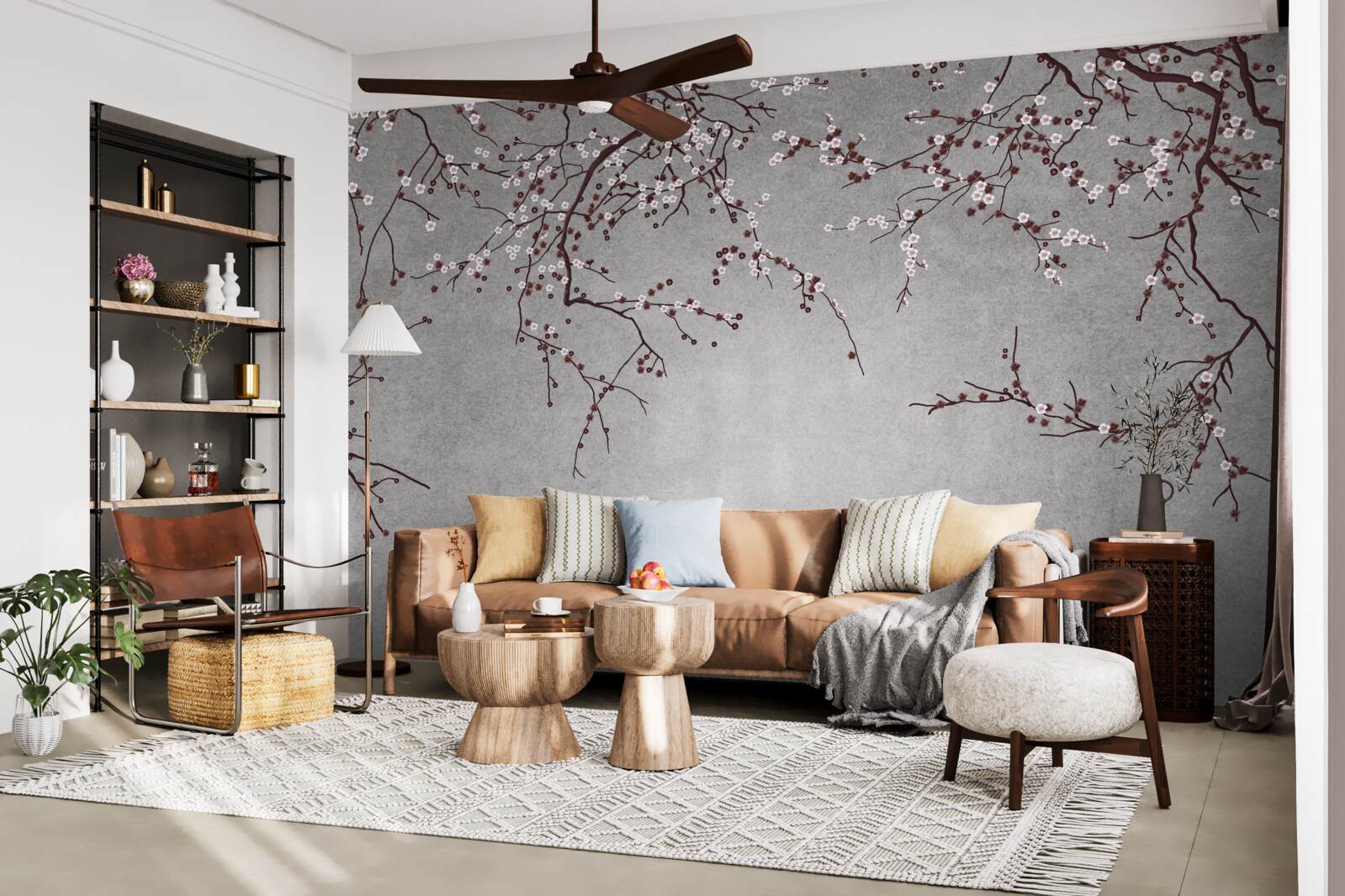 Fotobehang de takken van de boom zijn bezaaid met kleine bloemen