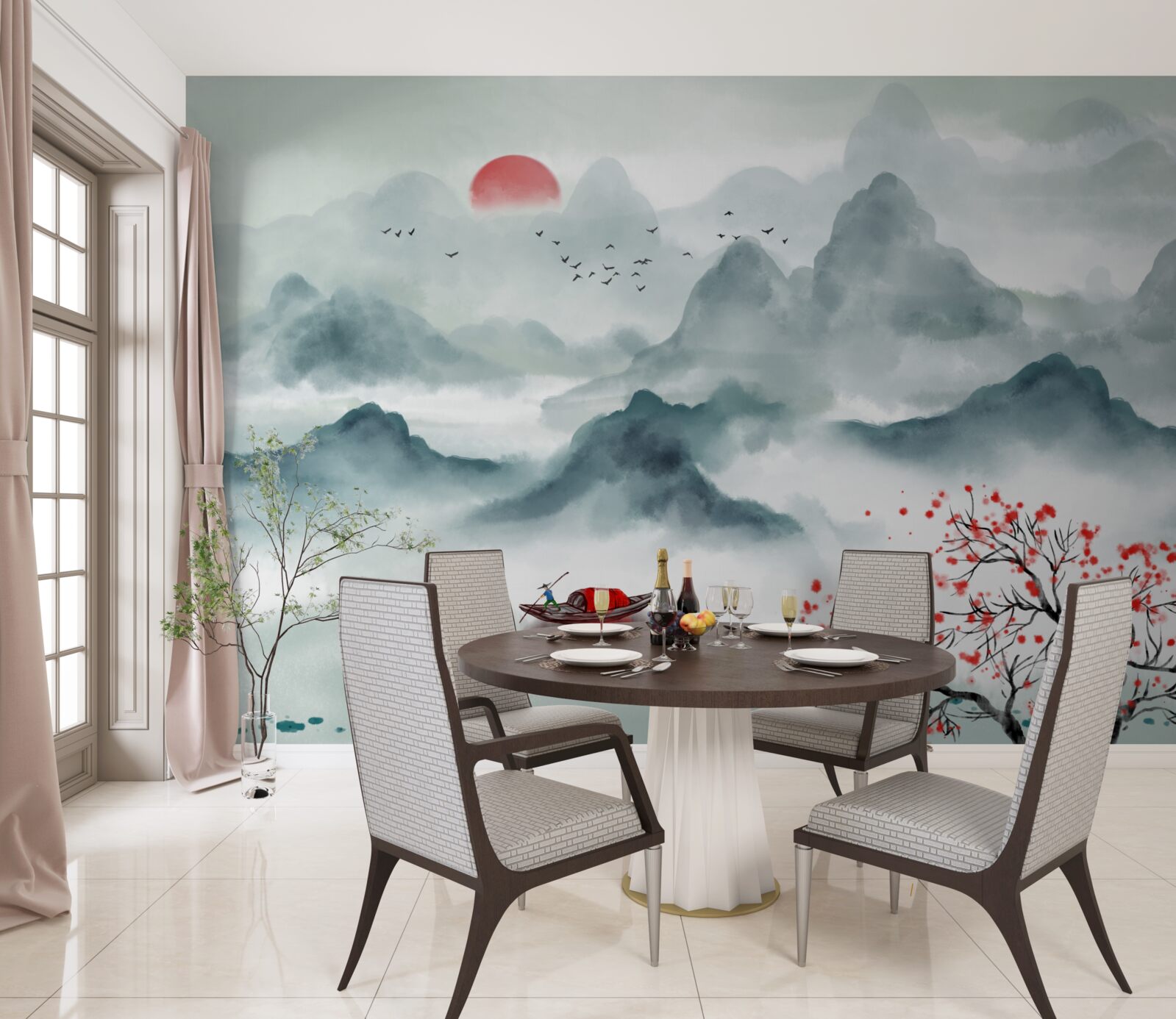 Fotobehang visser op een mystiek bergreservoir