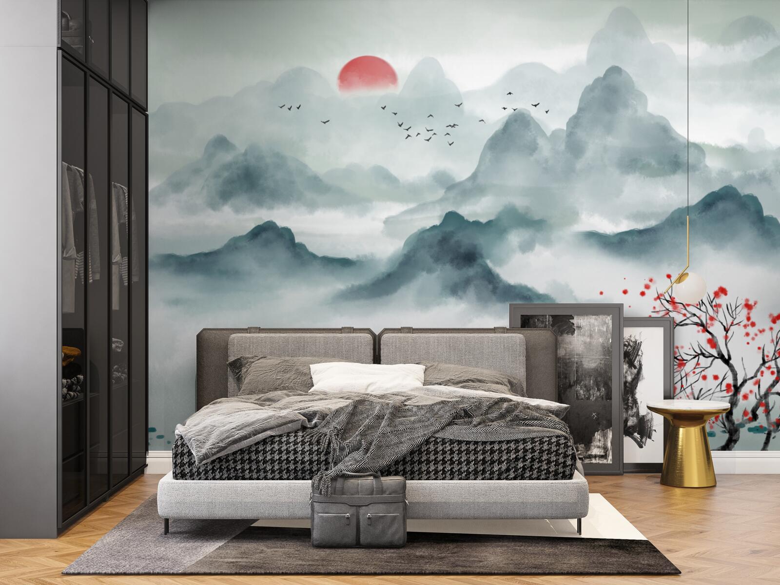 Fotobehang visser op een mystiek bergreservoir