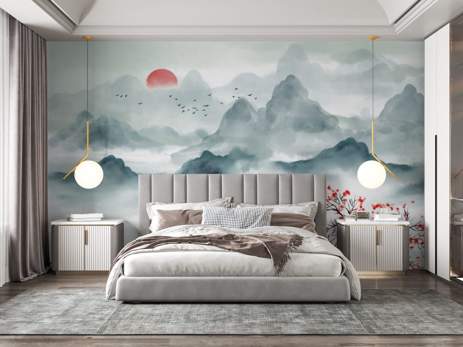 Fotobehang visser op een mystiek bergreservoir