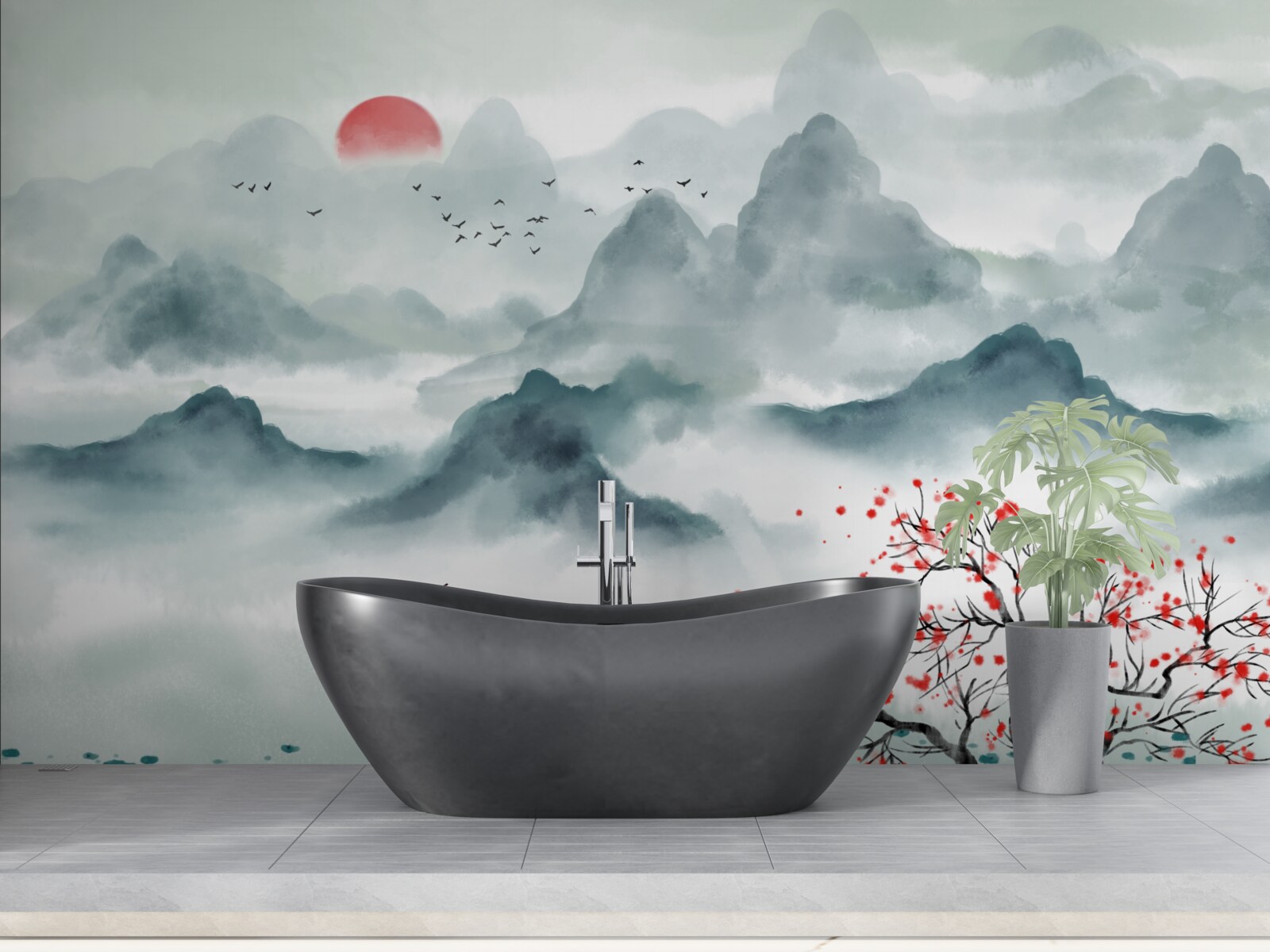 Fotobehang visser op een mystiek bergreservoir