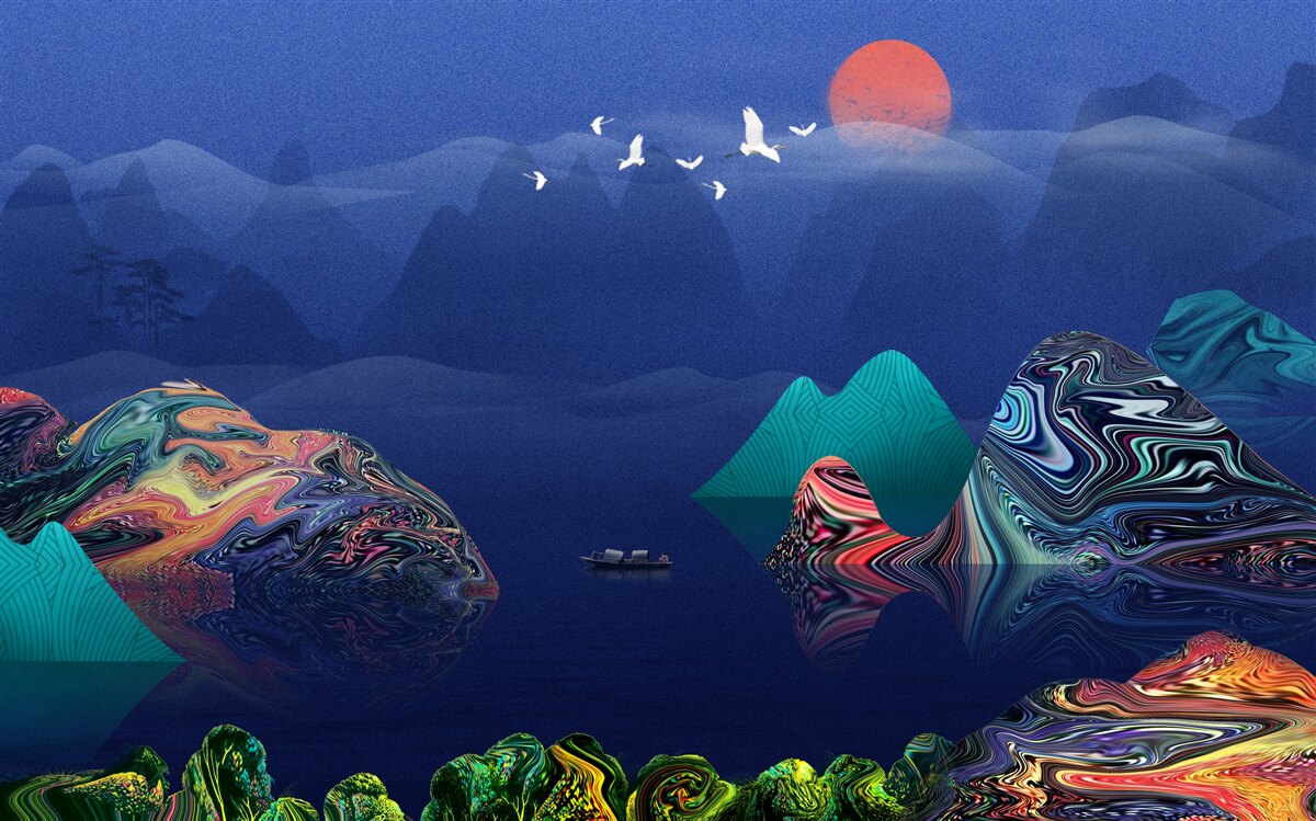 Fotobehang Kraanvogels vliegen bij zonsondergang over een bergrivier