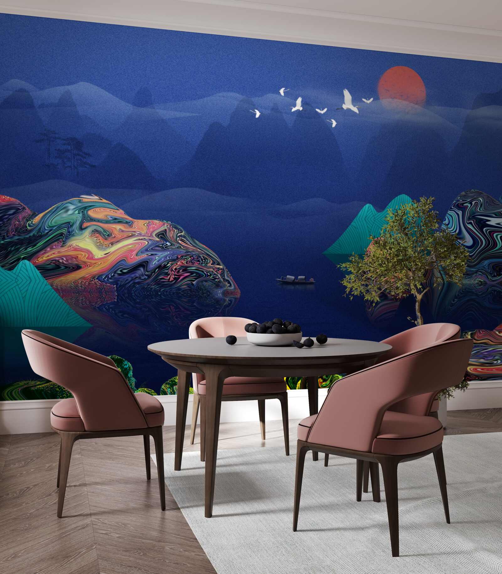 Fotobehang Kraanvogels vliegen bij zonsondergang over een bergrivier